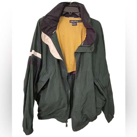 Vintage 90s Nautica Forest Green Windbreaker / Raincoat w fold up hood- Size XL - Picture 4 of 13